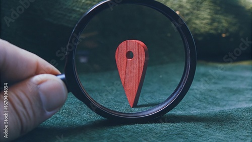 Exploring details with a magnifying glass a close-up of a wooden map pin in nature focused perspective visual concept