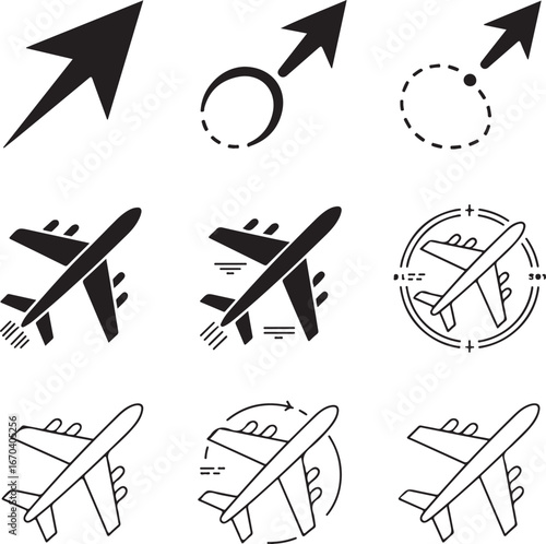 Set of nine airplane and directional arrow icons representing travel and movement aircraft flight