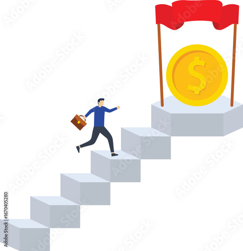 People running up the stairs towards gold coins at the top of business, a metaphor of the path to business success

