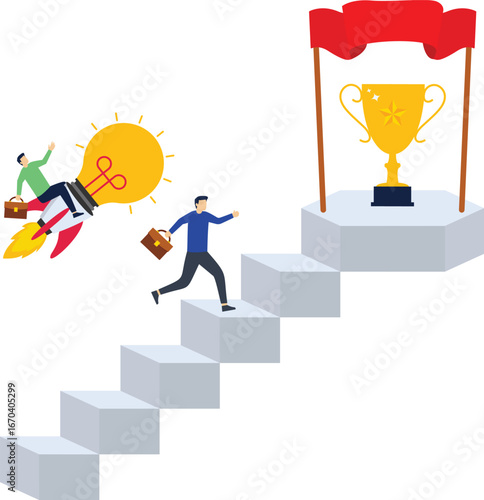 A man is heading towards the top of an idea with a rocket. A metaphorical illustration for shortcuts, strategies and the fastest way.

