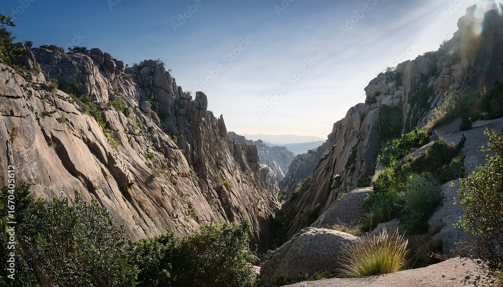 Fototapeta premium sheer granite cliffs sloping into shadowed gorge with subtle vegetation and dramatic geological formations