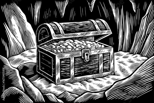 Frozen treasure chest trapped inside icy glacier with cracks showing shiny jewels and gold, dramatic black and white sketch