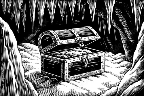 Frozen treasure chest trapped inside icy glacier with cracks showing shiny jewels and gold, dramatic black and white sketch