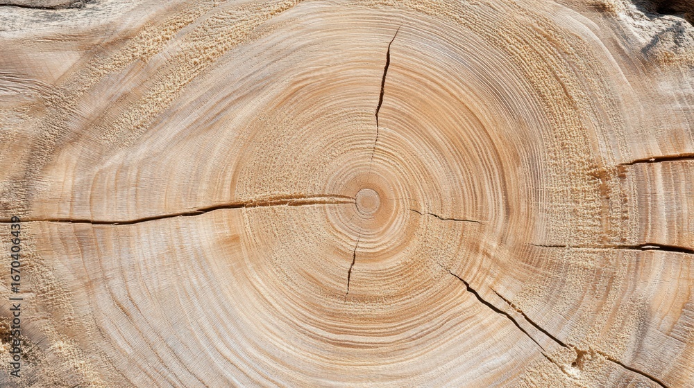 Naklejka premium Aged Timber's Story: a striking close-up of a tree's cross-section, showcasing concentric growth rings and unique texture, inviting viewers to contemplate nature's resilience and the passage of time.