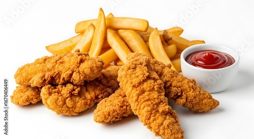 Crispy fried chicken tenders and fries