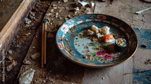 Forgotten Feast - A Colorful Plate of Rotting Food Amidst Urban Decay.