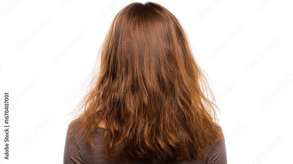 Naklejka premium Dull Hair. Back View of Woman with Damaged Split Ends, Frizzy and Brittle Hair on Isolated Background