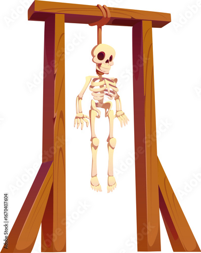 Cartoon 3D pirate game icon of gallows or scaffold of Caribbean corsairs, vector asset. Pirate adventure arcade game accessory and corsair GUI asset of dead skeleton hanging on scaffold gallows