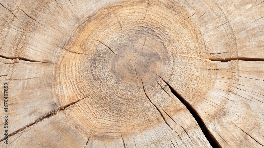 Naklejka premium Wood Grain’s Time Telling: A detailed photograph of a cross-section of a tree trunk exposes its history through concentric rings, showcasing texture, pattern, and nature's timeline.