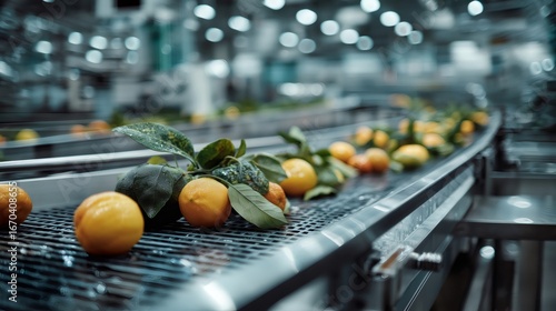 Lemons with leaves being processed and transported on a metal conveyor belt inside a modern fruit processing factory, ensuring quality and hygiene in industrial food production