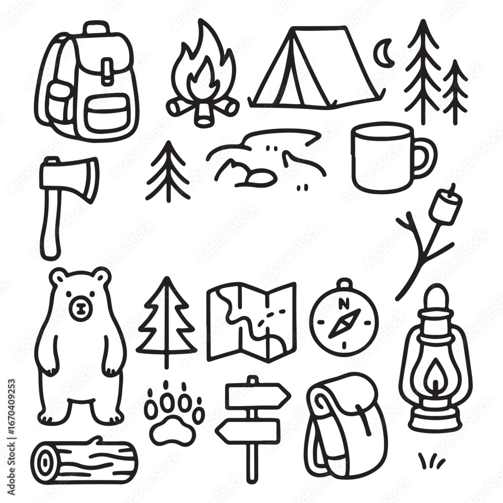 Fototapeta premium Camping doodle icon set, forest adventure hand drawn vector line sticker