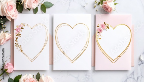 Elegant Trio of Romantic Cards with Golden Hearts and Pink Roses on Marble.