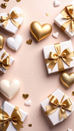 Elegant Valentines Day Frame with White Gifts and Golden Hearts on a Soft Pink Background.