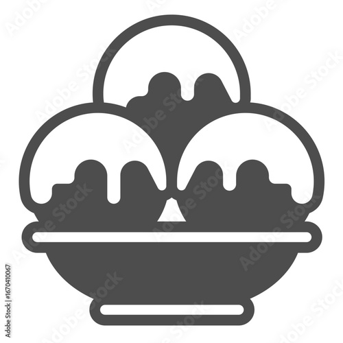 Three balls of delicious icecream solid icon, desert sweets concept. Vector graphics. Assorted ice cream in ceramic plate sign on white background, glyph style icon of mobile or web design.