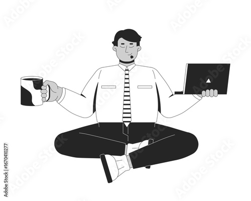 Crossed legged arab businessman meditating with coffee and laptop 2D line character. Workplace focus. Office worker calm posture isolated vector ink outline person. Monochromatic spot illustration