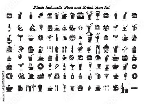 Black Silhouette Food and Drink Icon Set – Burger, Coffee, Pizza, Cocktail Vector Collection