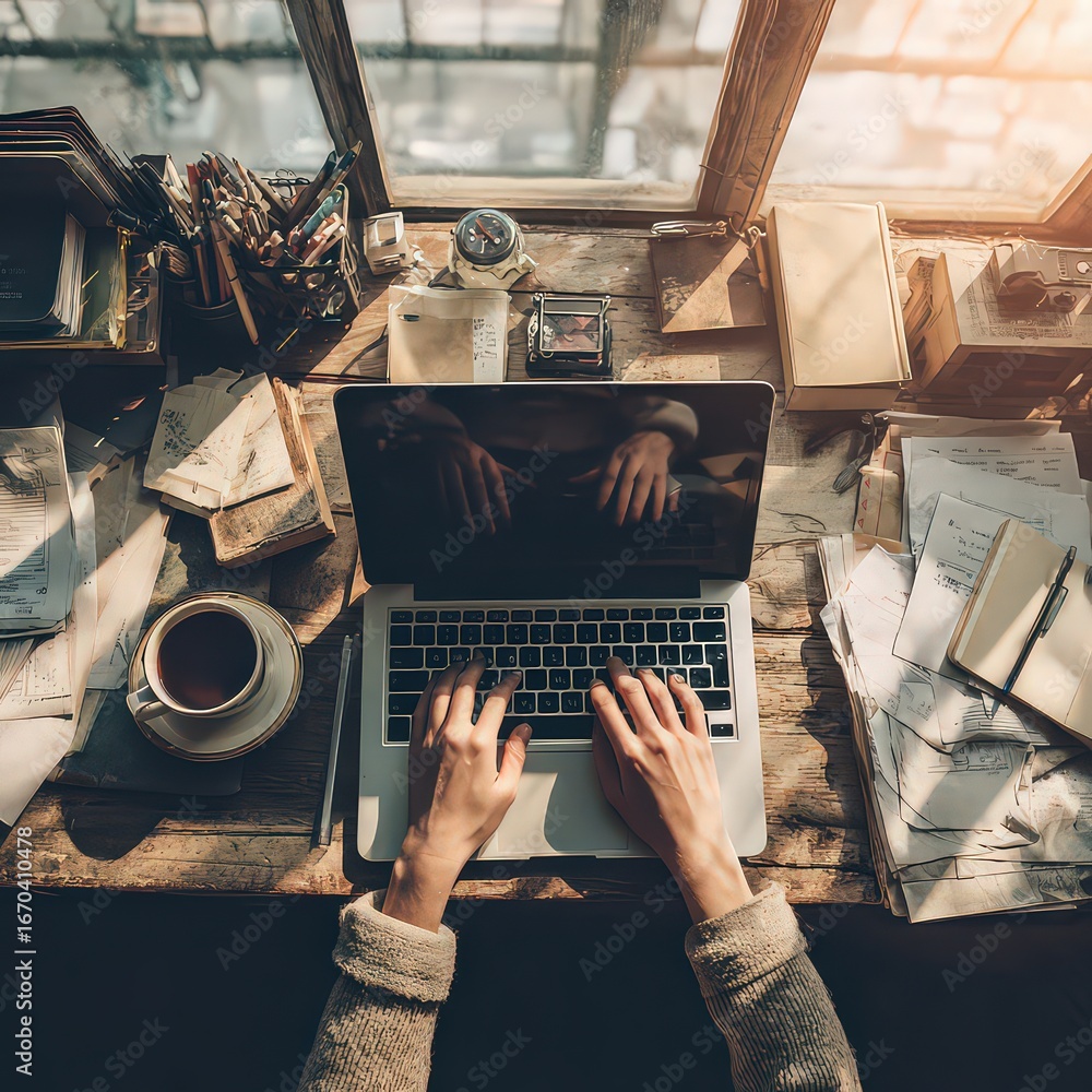 Obraz premium Overhead View Of Woman Typing On Laptop