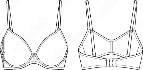 Bra technical drawing, front and back view, lingerie design template, adjustable straps, hook closure, fashion flat, garment construction sketc