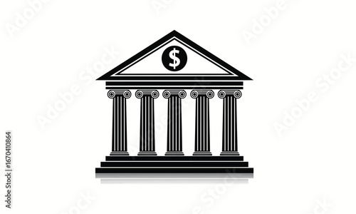 Financial icon of a classic bank building with a dollar sign on the roof. A clean, monochrome vector illustration for finance, banking, and government concepts.

