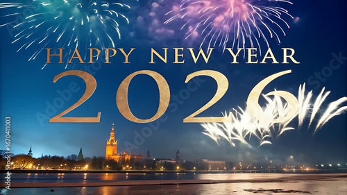 Happy new year 2026 illuminated by colorful fireworks over a city skyline at night
