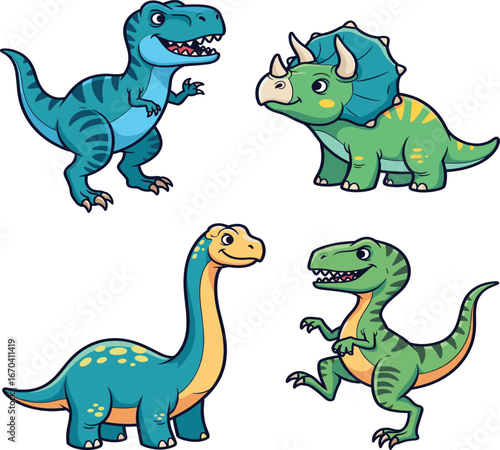 Cartoon dinosaurs, T-Rex, Triceratops, Brachiosaurus, Velociraptor, cute prehistoric animals, kids illustration, dino bundle, playful vector, stock art, fun character