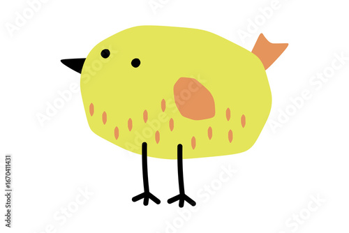 Cute cartoon yellow bird in paper applique style. Wildlife animals. Black beaded eyes, orange wings, tail and feathers. Single icon isolated on  white background. Flat design.