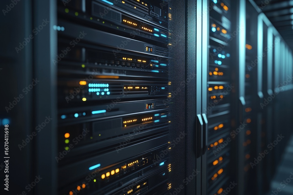 Naklejka premium Close up of modern server racks in secure data center with glowing indicator lights, ideal for cloud computing, IT infrastructure, cybersecurity, networking, storage, and enterprise technology