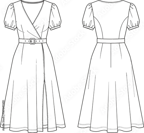 Dress sketch, front and back view, wrap bodice, puff sleeves, belted waist, A-line skirt, technical fashion illustration, garment design