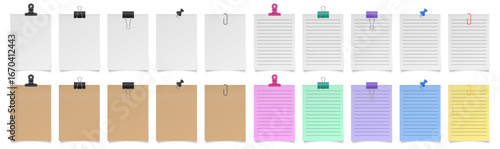 Set of white paper notes with binder clips, bulldog clip, paper clip and push pin. Pink, green, blue, purple and yellow sheets of lined paper. Kraft paper notes