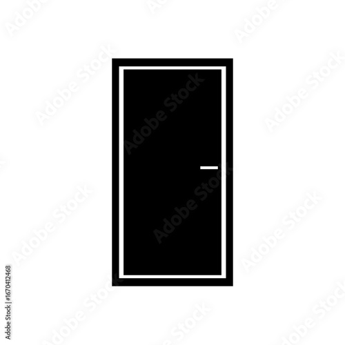 A black closed door on a white background. Minimalist vector graphic