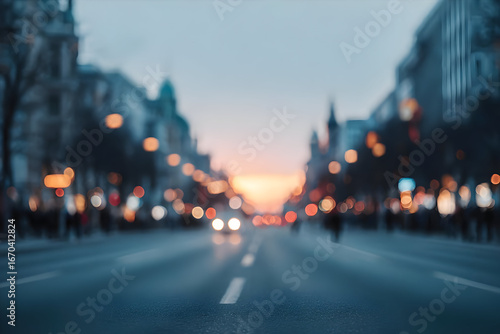 A beautifully blurred city street at dusk, with glowing lights creating a dreamy atmosphere. Perfect for illustrating urban life and evening adventures.