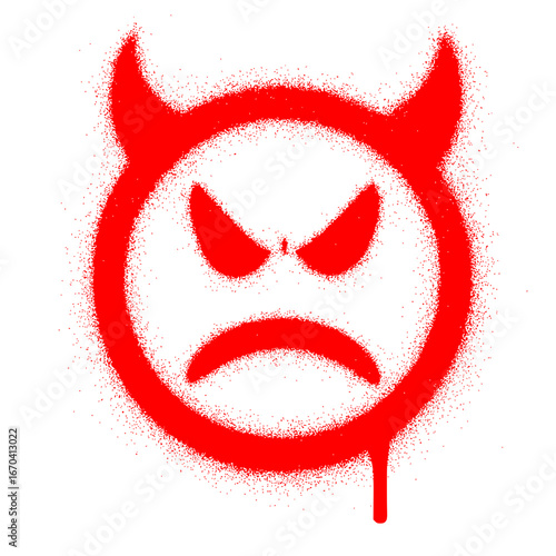 red spray paint effect forms an angry devil emoji face with horns and dripping paint, perfect for edgy, rebellious, or mischievous themes