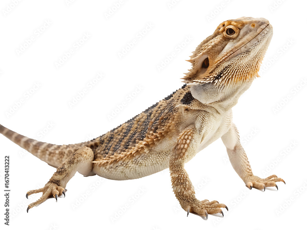 Obraz premium Bearded dragon posing on a black background showing its spiky beard and rough skin texture a captivating reptile with an inquisitive gaze perfect for educational or wildlife themes