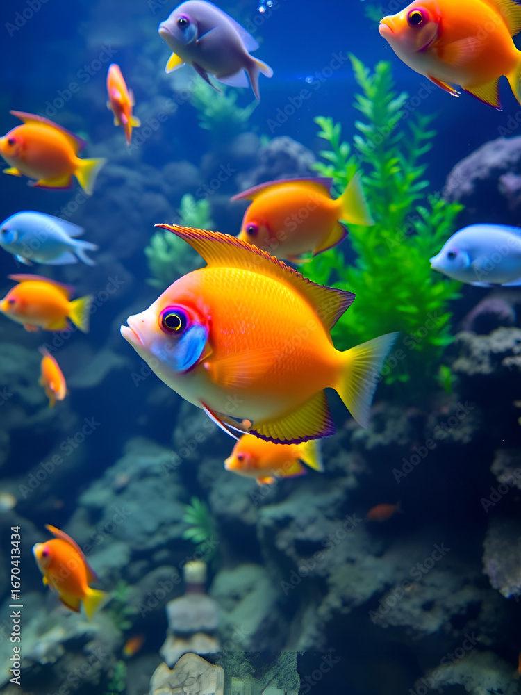 Fototapeta premium Vibrant Tropical Fish Swimming in a Lush Aquarium