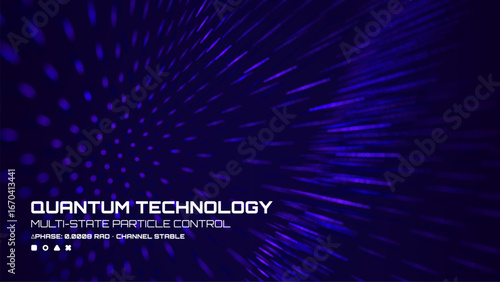 Blue particle wave background with "quantum technology" text on dark, futuristic digital data display. Abstract concept for science.