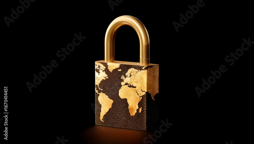 Fototapeta Naklejka Na Ścianę i Meble -  A golden padlock featuring a world map design, symbolizing global security and protection in the digital age. Ideal for concepts of safety and privacy.