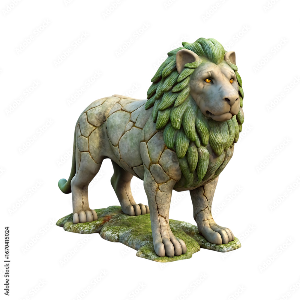 Fototapeta premium Ancient stone lion statue with green moss accents isolated on transparent background