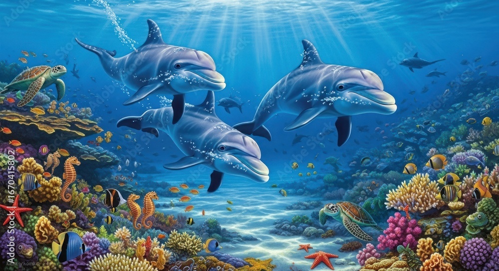 Fototapeta premium Vibrant Underwater Paradise: Playful Dolphins, Sea Turtles, and Colorful Reef Life Bathed in Shimmering Sun Rays