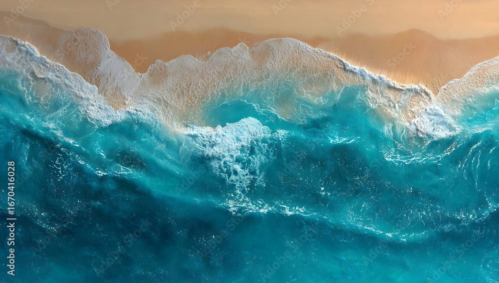 Fototapeta premium A stunning ocean view capturing turquoise waves crashing on the sandy shore, reflecting the beauty of nature and the allure of a peaceful seaside.