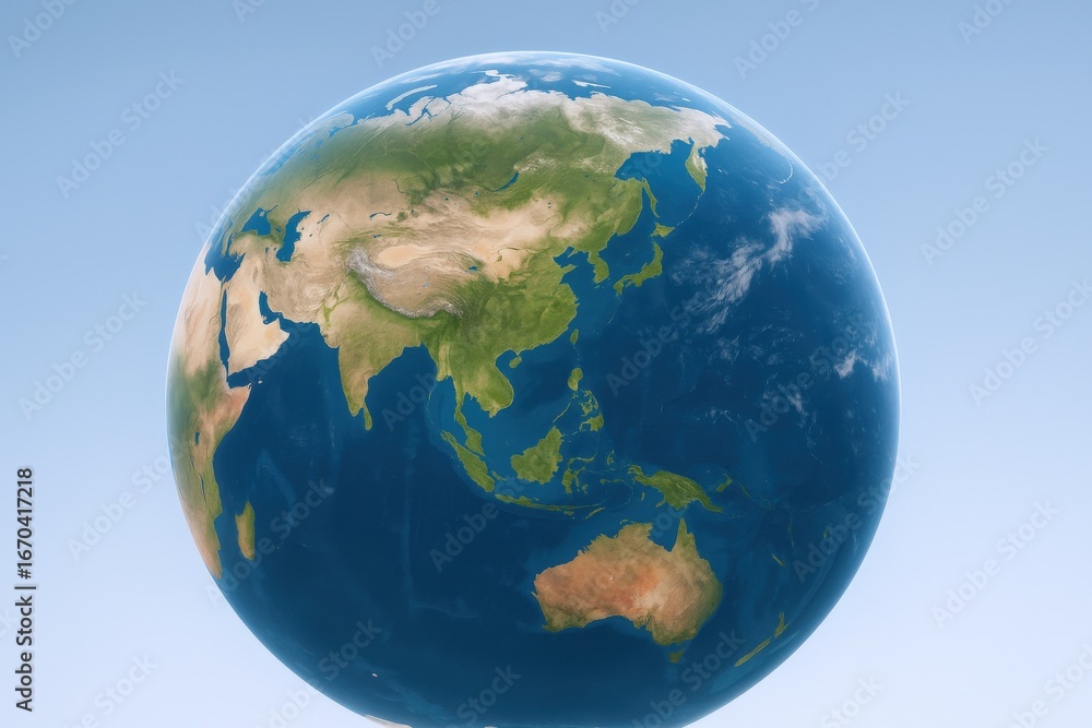 Fototapeta premium Realistic Render of Planet Earth Featuring Asia, Australia and the Pacific Ocean on a Blue Background