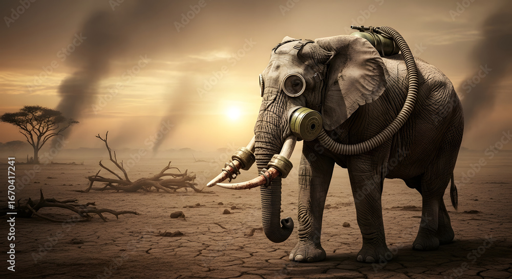 Fototapeta premium Elephant in a Gas Mask A Stark Warning of Environmental Crisis and Pollution