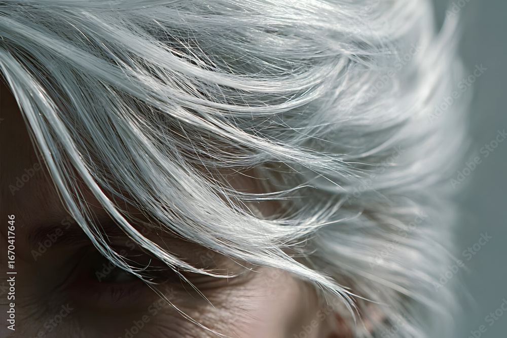 Naklejka premium Close-up of silver hair gracefully styled, showcasing texture and movement against a subtle background, evoking elegance and maturity.