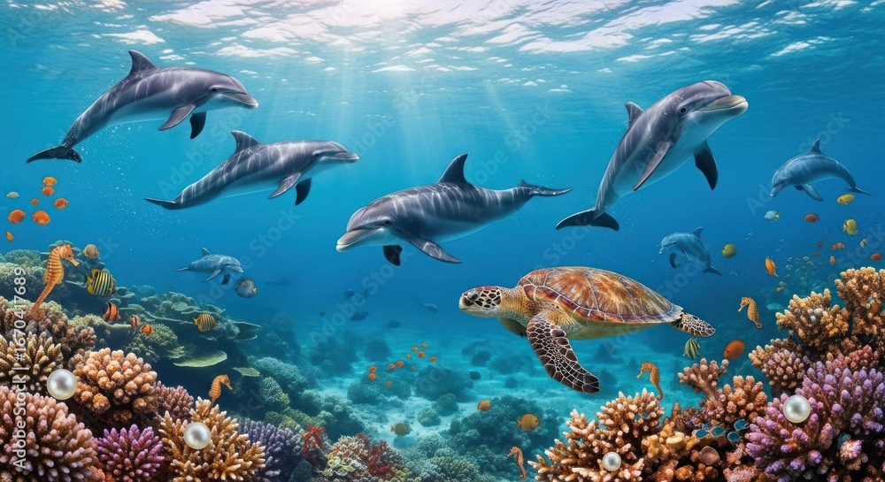 Fototapeta premium Vibrant Coral Reef Underwater Scene with Dolphins and Turtles