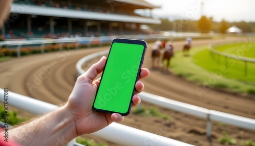 Race Day Connection: A person at a racetrack holds a modern smartphone with a bright green screen, offering a unique perspective on the thrilling world of horse racing and technological integration.