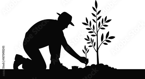 Silhouette of person planting tree, environmental conservation concept, kneeling figure with sapling and hat, reforestation and gardening scene