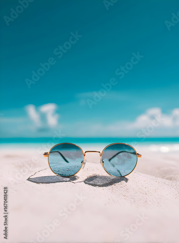 Wallpaper Mural Stylish sunglasses resting on pristine sandy beach, under clear blue sky. Perfect for summer vacations and beach getaways, embodying relaxation and fun. Torontodigital.ca