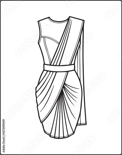 Modern and beautiful dress line art vector illustration for adults coloring page for fashion designer