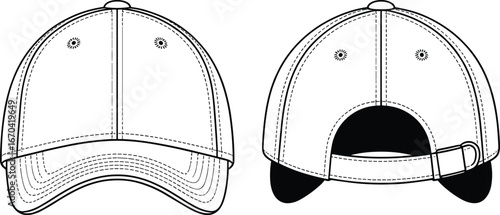 Technical drawing of baseball cap, front and rear views, vector fashion template, adjustable strap detail, garment flat sketch, headwear