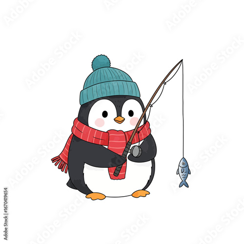 A charming illustration of a penguin fishing with a cute, inviting aesthetic.