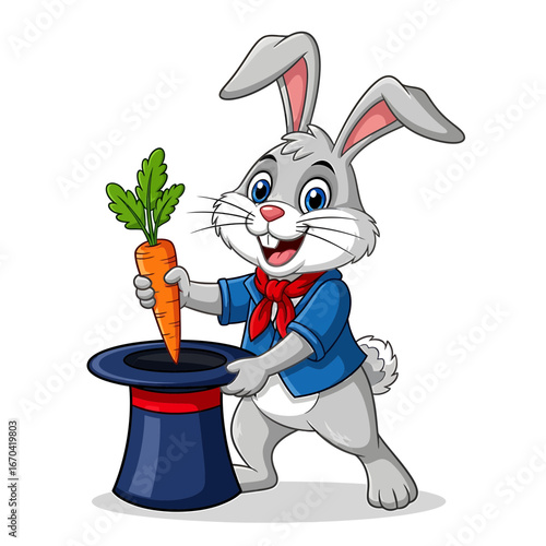 A charming rabbit conjuring a carrot from a magician's hat.